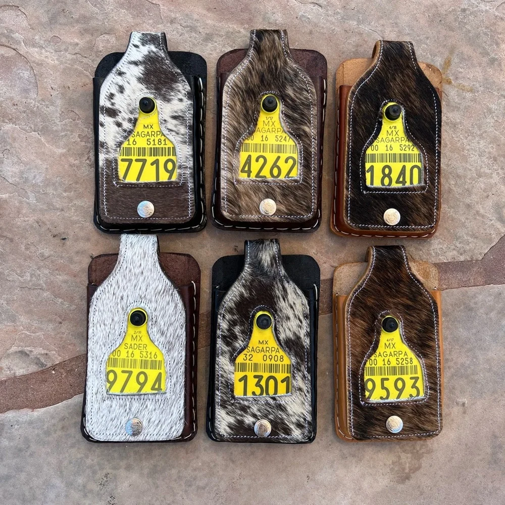 Handmade Artisan Mexican Cattle Auction Tag Cow Hide Phone Belt Loop Holder Case